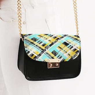Print On Demand  - Petite Shoulder Bag - "EOD Diagonal Plaid" (Turquoise/Yellow)