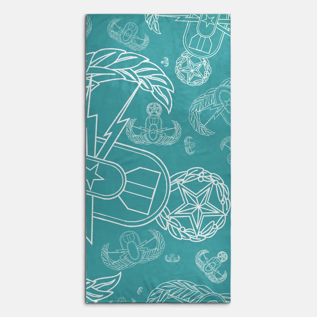 Print On Demand  - Beach Towel - "EOD Mixed Badges" (White on Turquoise)