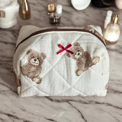 Teddy Bear Bow Quilted Cosmetic Bag