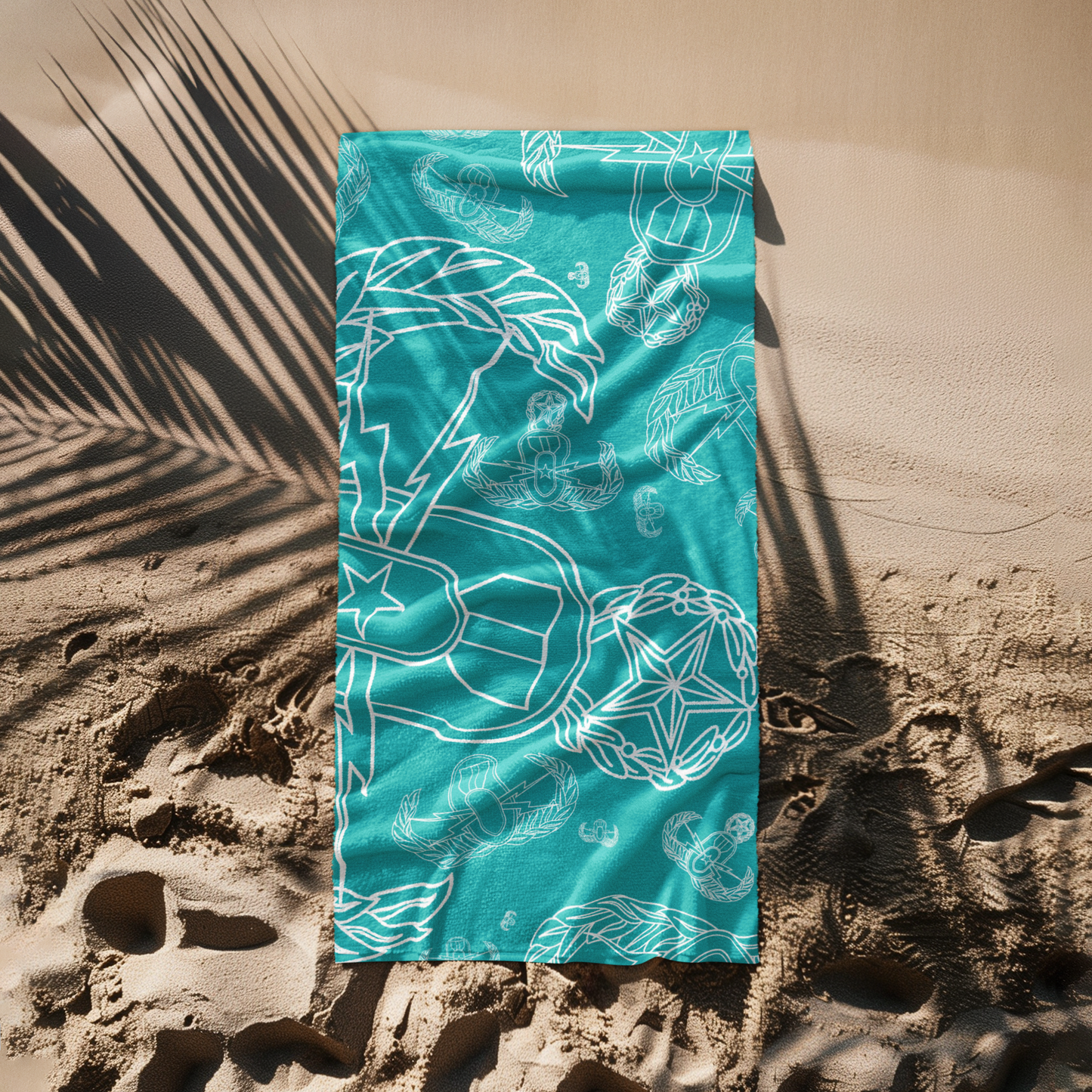 Print On Demand  - Beach Towel - "EOD Mixed Badges" (White on Turquoise)