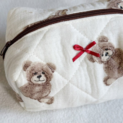 Teddy Bear Bow Quilted Cosmetic Bag